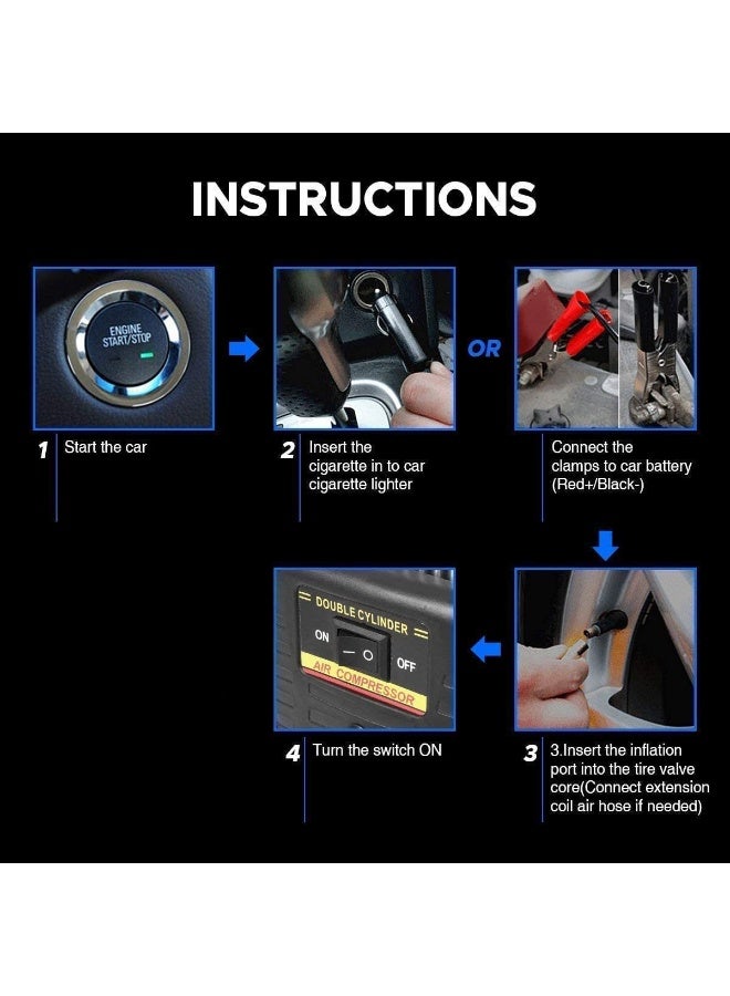 SPIDER 12V Dual Cylinder Air Compressor with LED Light 150 PSI Heavy Duty Portable Tyre Inflator 85 LPM Fast Inflation Metal Piston Battery Clamp Cigarette Lighter Plug Extension Hose Pressure Gauge for Car SUV Truck Bike Bicycle Ball Boat Pool Offroad Use - Image 4